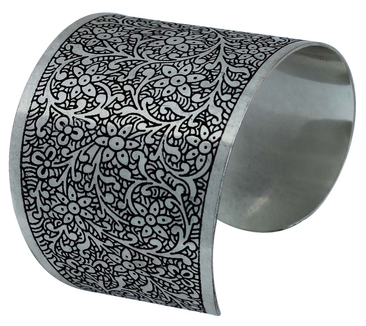 Wholesale Bracelets from India – Antique-Look Cuff Bracelet – Cast in Brass – Nickel Plated & Black Shading – Floral & Leafy Motifs – Bracelets in Bulk